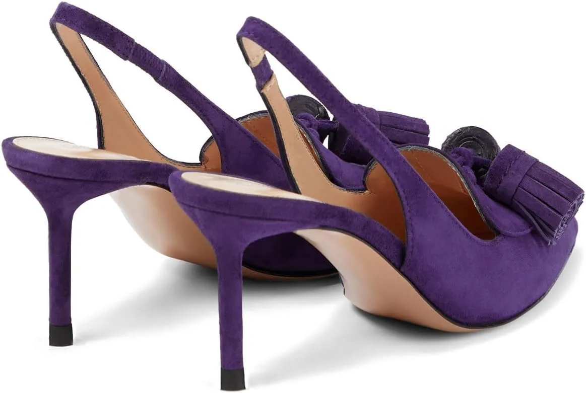 SHODENSE Women Kitten Heel Slingback Pumps Pointed Toe Suede Elastic Ankle Strap Sandals Fringe Closed Pointy Toe High Heels Stiletto Pumps Tassel Backless Dress Shoes Office Ladies Elegant 4-11 M US