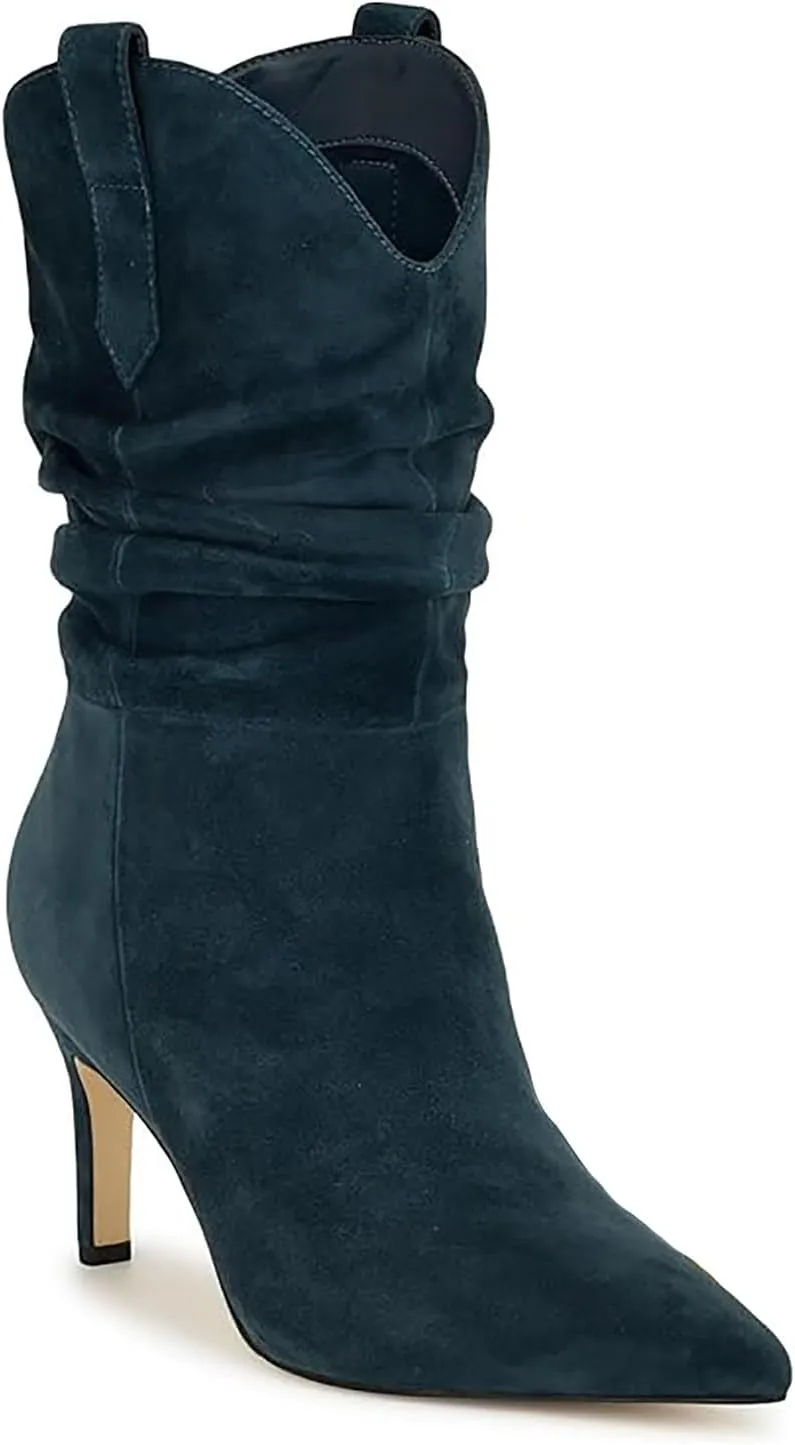 SHODENSE Women Slouch Stiletto Western Boots Mid Calf Pointed Toe Suede Cowboy Calf Boots Stiletto High Heels 3 inch Slim Heel Calf High Boots Cowgirl Zipper Vintage Party Office 4-11 M US
