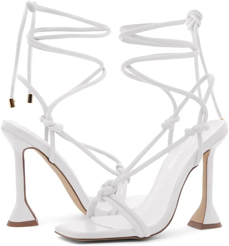 Shoe Land SL-Melody Women's Lace-Up Heels, Dressy Strappy High Heel Sandals, Square Open Toe with Tie-Up Ankle Wrap – Stiletto Heels for Prom, Party, and Wedding