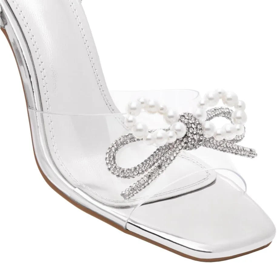 Shoe Land SL-NAOMI Women's Double Bowknots Crystal Sandals, Clear Slingback Heels with Square Open Toe – Dressy Rhinestone High Heels for Party Wedding and Prom