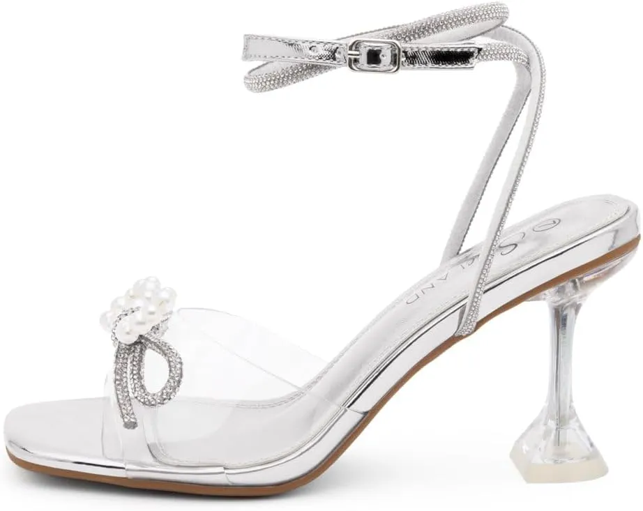 Shoe Land SL-NAOMI Women's Double Bowknots Crystal Sandals, Clear Slingback Heels with Square Open Toe – Dressy Rhinestone High Heels for Party Wedding and Prom