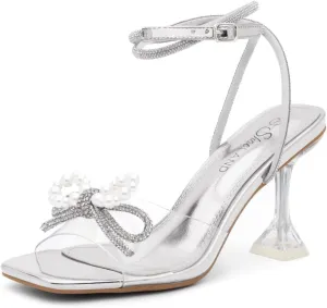 Shoe Land SL-NAOMI Women's Double Bowknots Crystal Sandals, Clear Slingback Heels with Square Open Toe – Dressy Rhinestone High Heels for Party Wedding and Prom