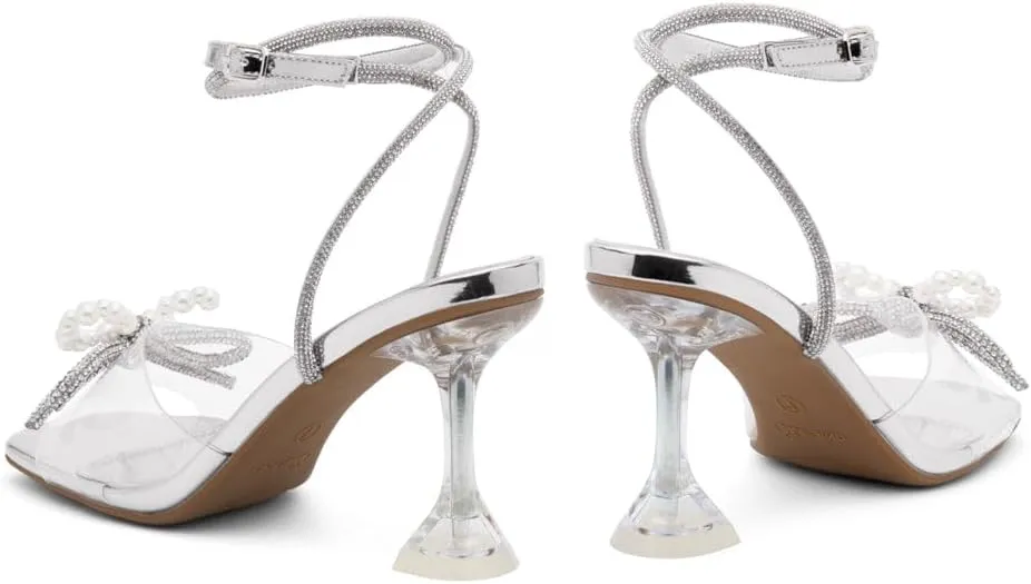Shoe Land SL-NAOMI Women's Double Bowknots Crystal Sandals, Clear Slingback Heels with Square Open Toe – Dressy Rhinestone High Heels for Party Wedding and Prom