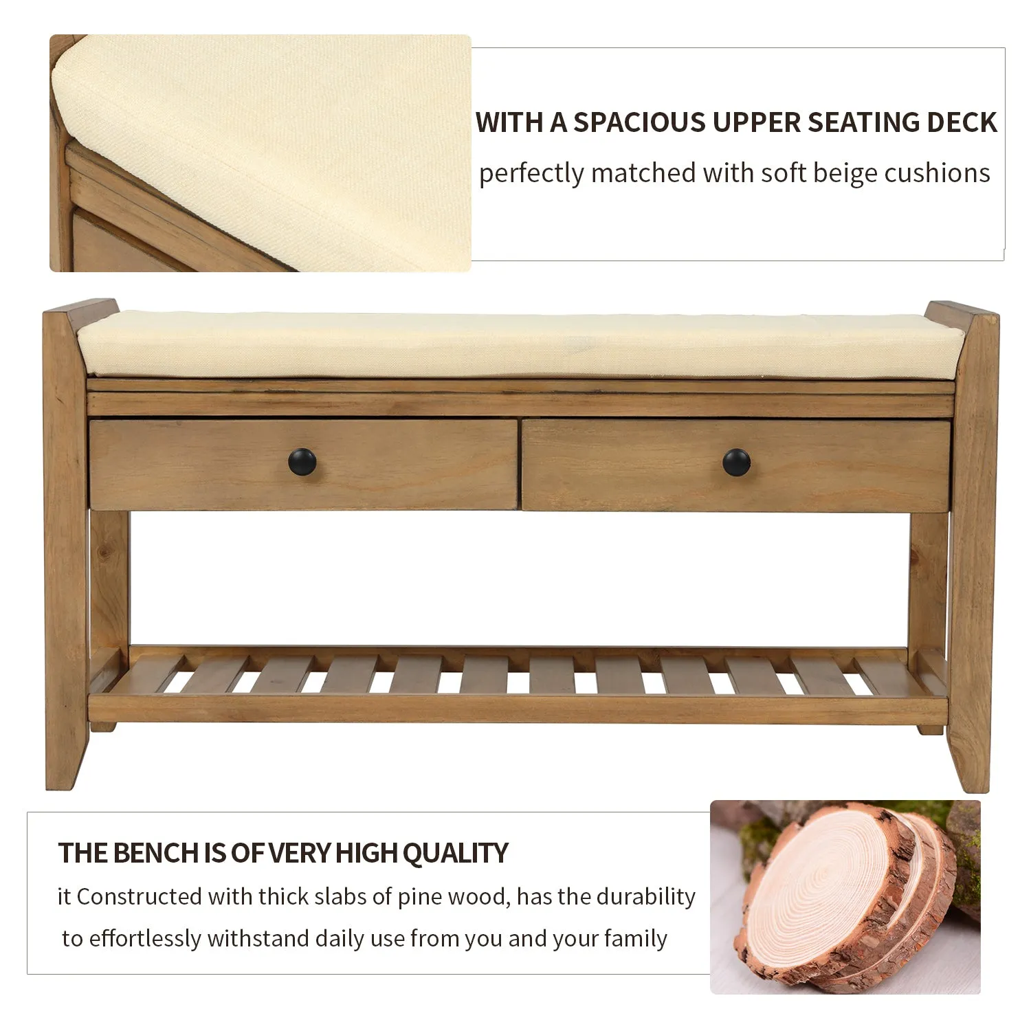 Shoe Rack with Cushioned Seat and Drawers - Old Pine