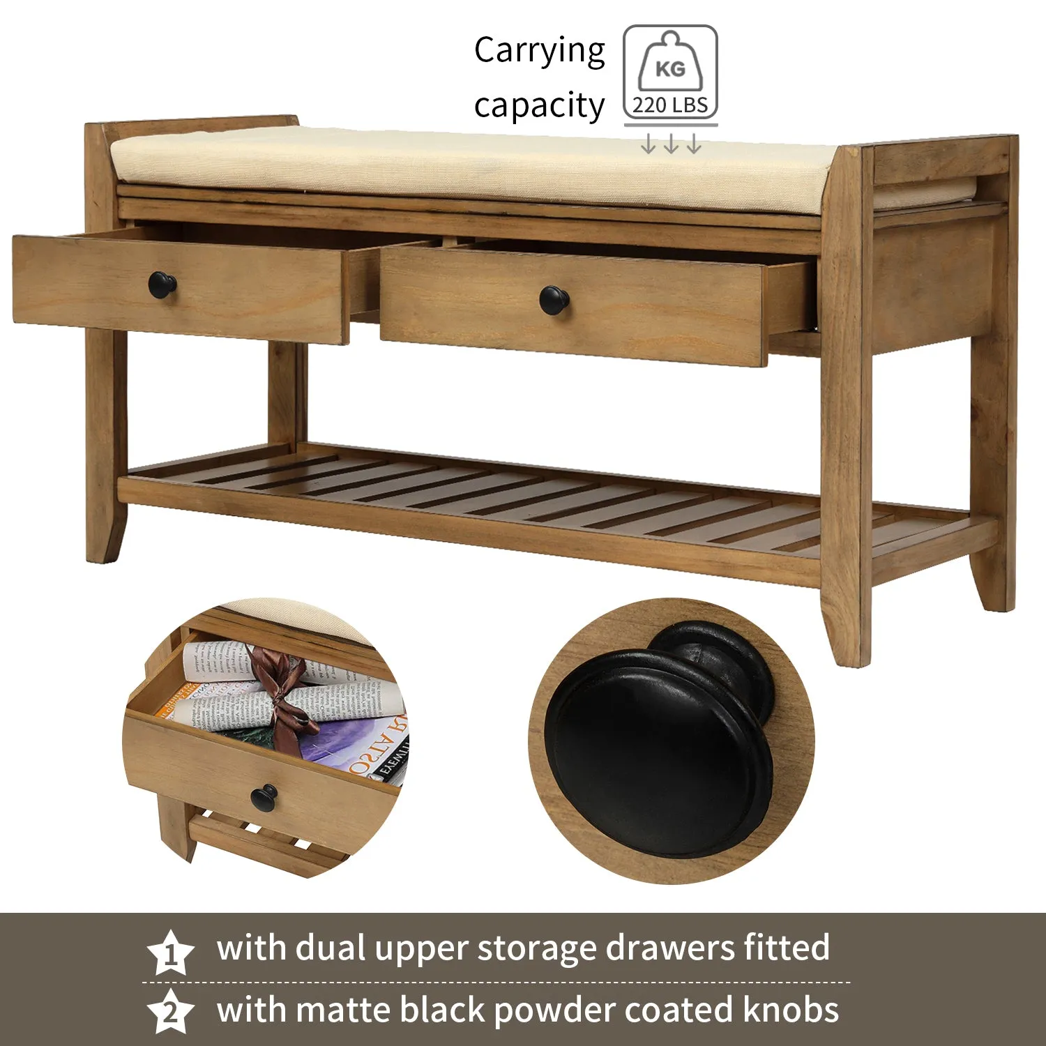 Shoe Rack with Cushioned Seat and Drawers - Old Pine