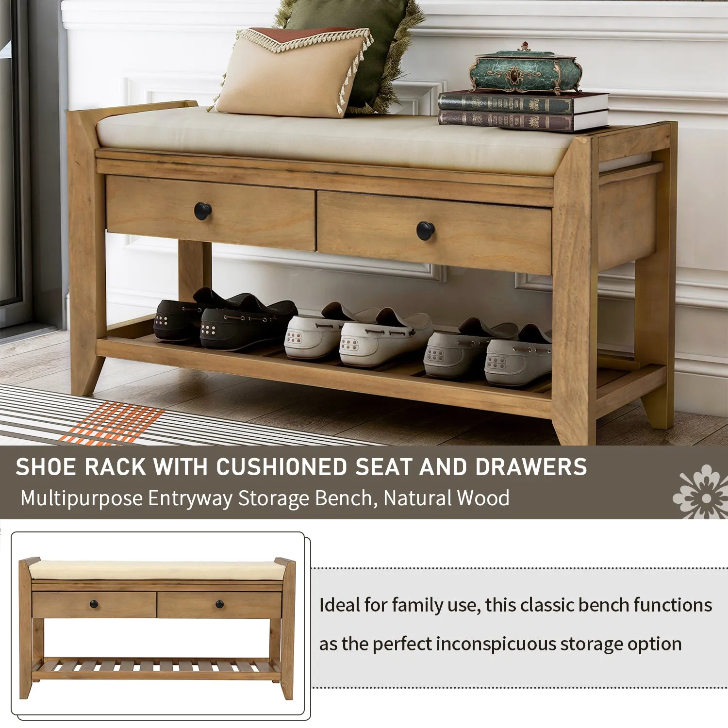 Shoe Rack with Cushioned Seat and Drawers - Old Pine