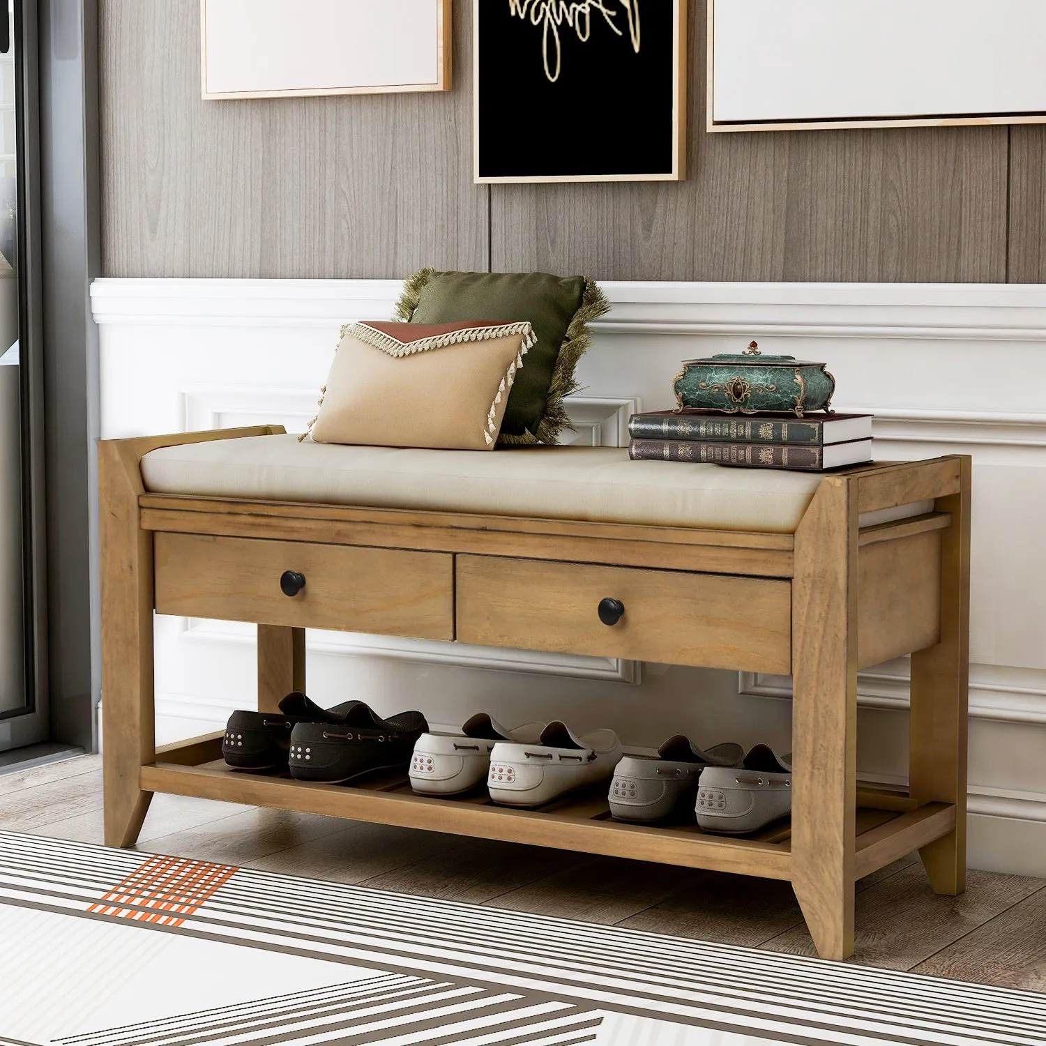 Shoe Rack with Cushioned Seat and Drawers - Old Pine