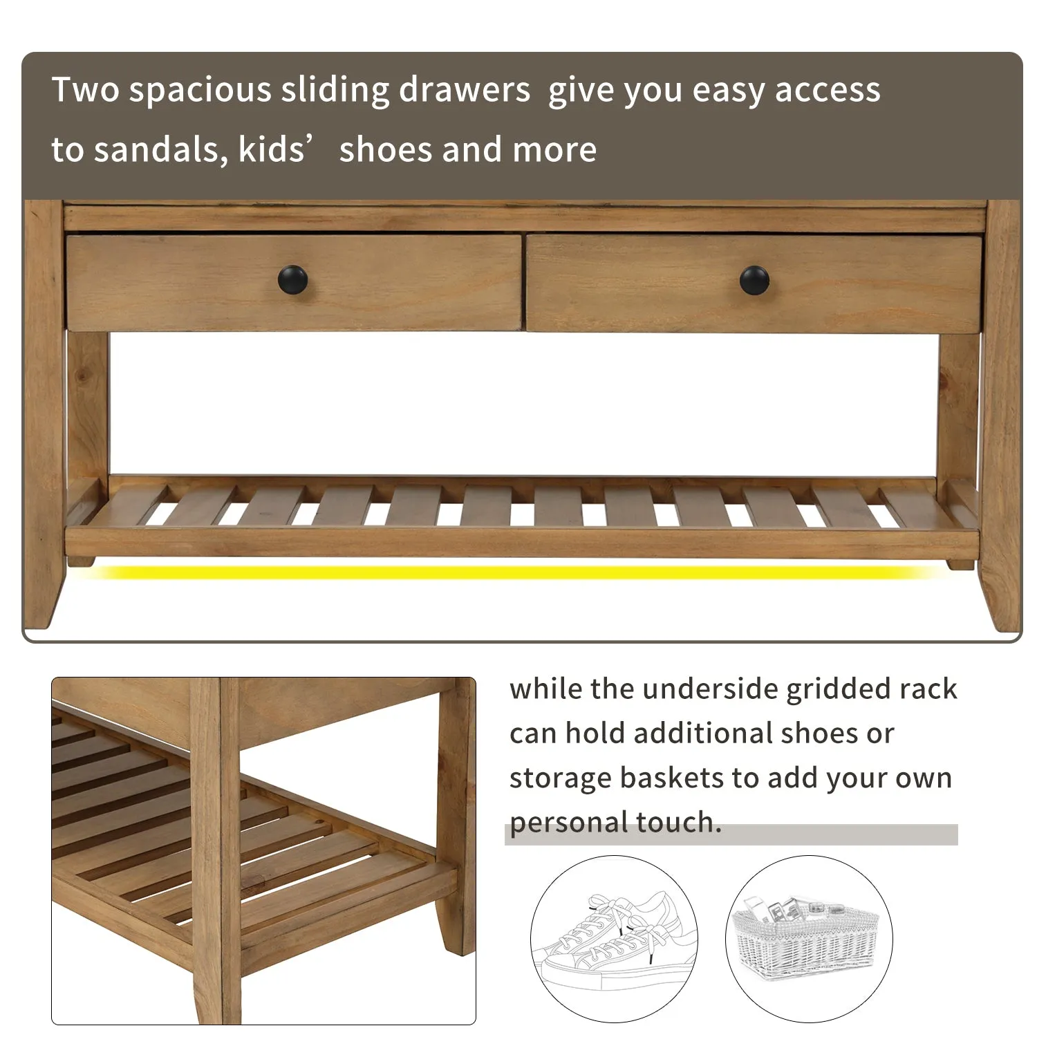 Shoe Rack with Cushioned Seat and Drawers - Old Pine