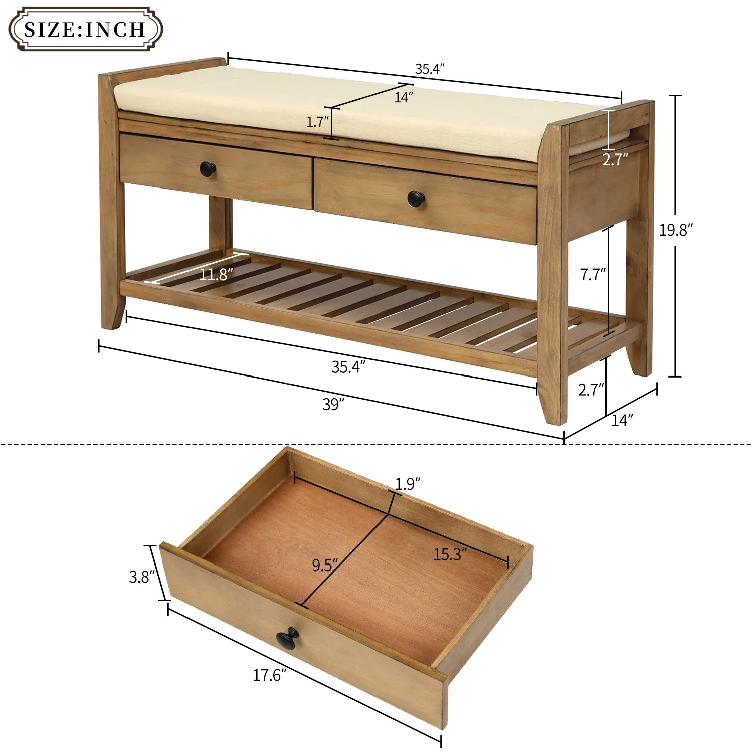 Shoe Rack with Cushioned Seat and Drawers - Old Pine