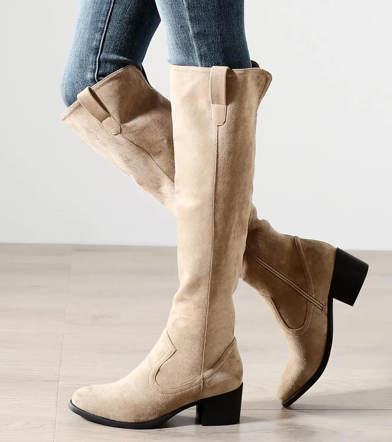 Shoe'N Tale Women's Over The Knee Thigh High Chunky Heel Pointed Toe Faux Suede Side Zipper Fall Weather Winter Boots