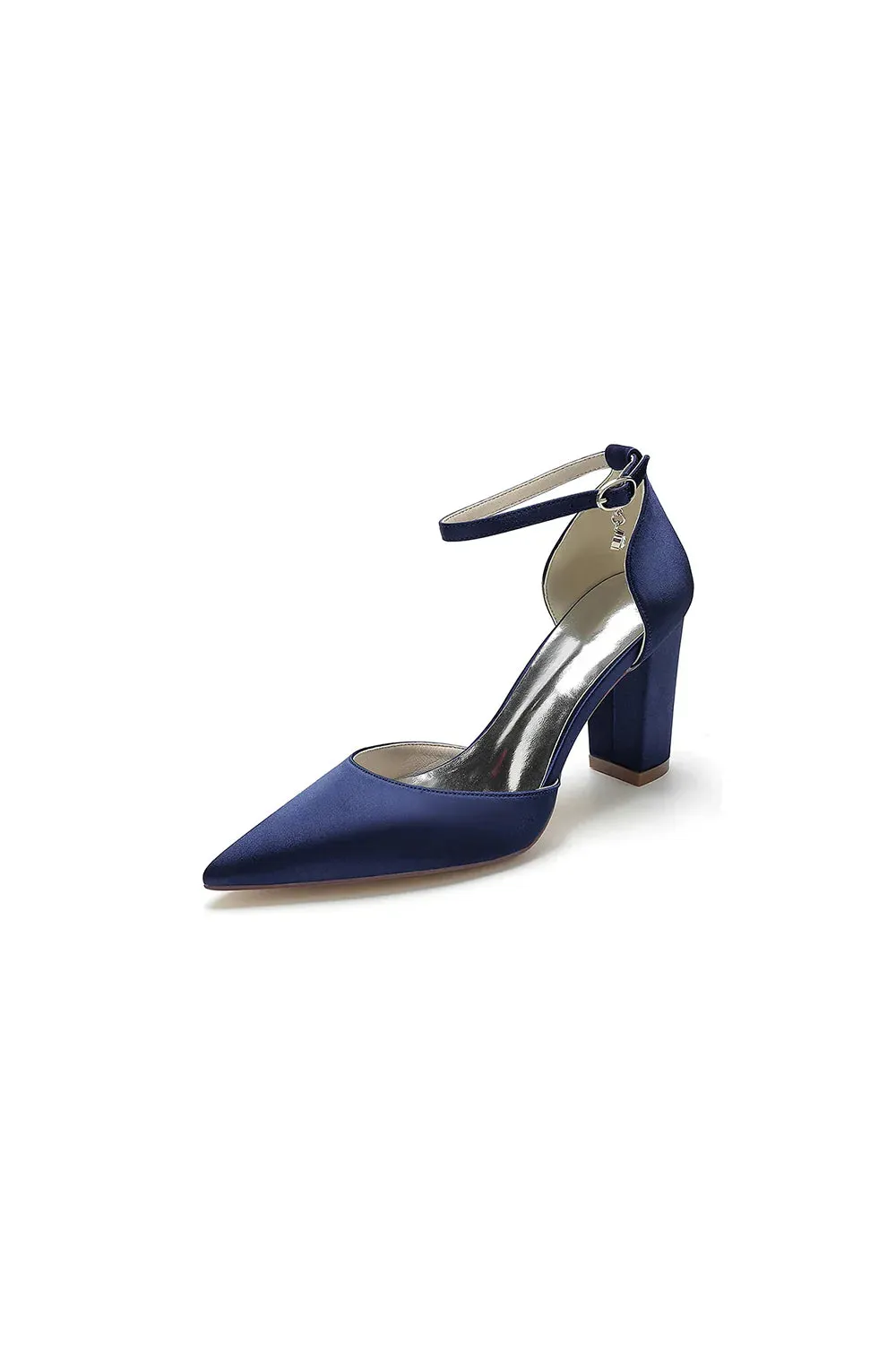 Simple Satin Pointed Toe Ankle Strap Chunky Heel