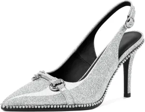 Slingback Heels for Women Stilettos High Heel Crystal-Encrusted Buckled Heels Pointd Toe Pumps 3.5 Inch Comfortable Event Party Dress Shoes
