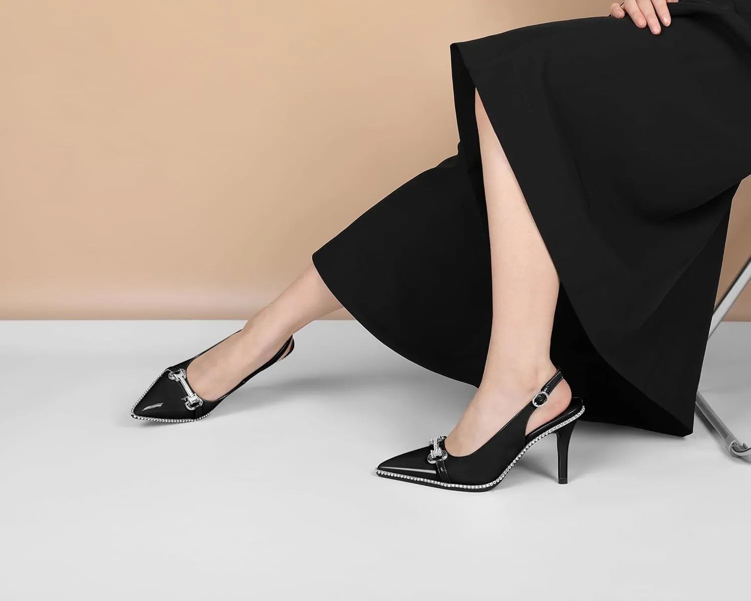 Slingback Heels for Women Stilettos High Heel Crystal-Encrusted Buckled Heels Pointd Toe Pumps 3.5 Inch Comfortable Event Party Dress Shoes