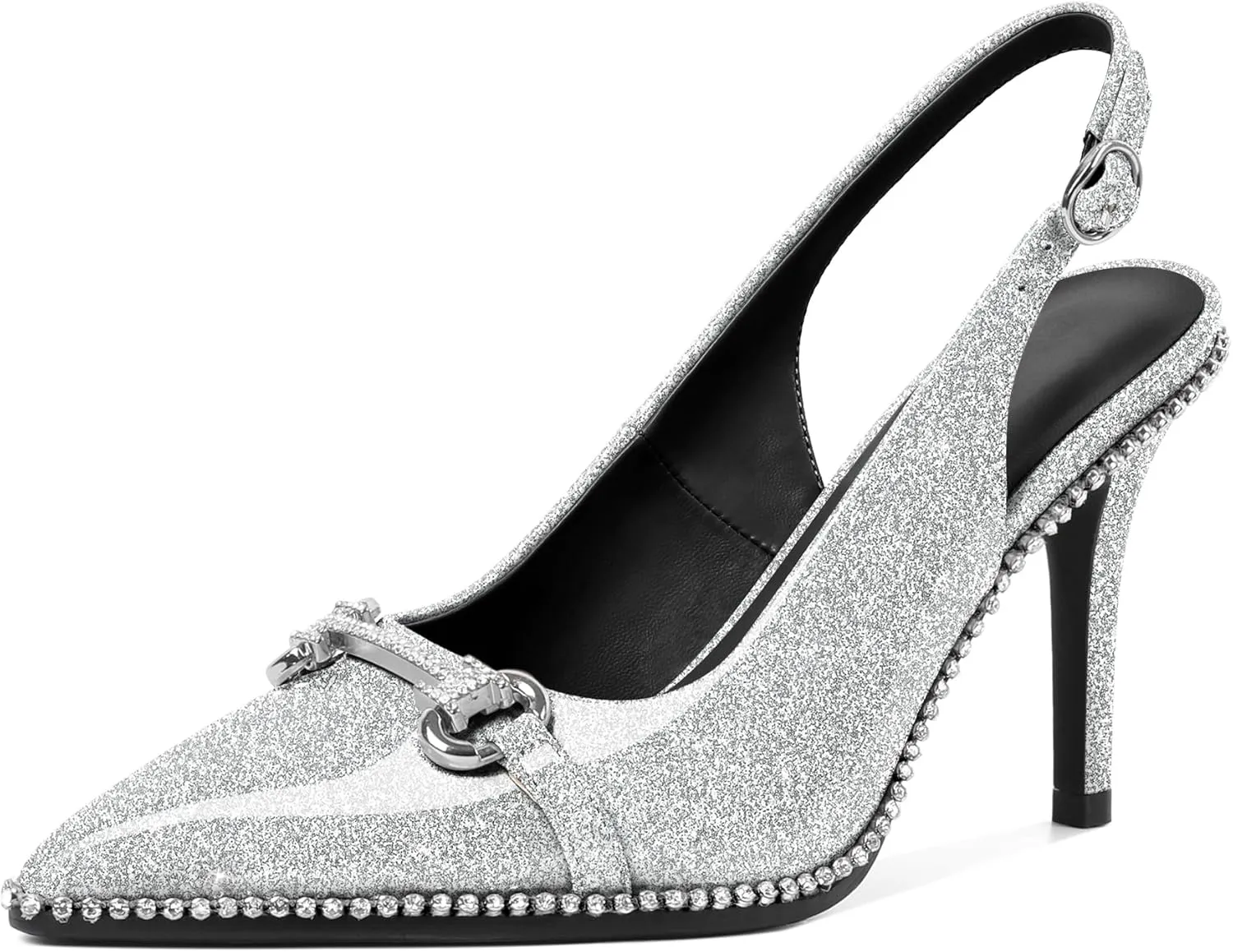 Slingback Heels for Women Stilettos High Heel Crystal-Encrusted Buckled Heels Pointd Toe Pumps 3.5 Inch Comfortable Event Party Dress Shoes