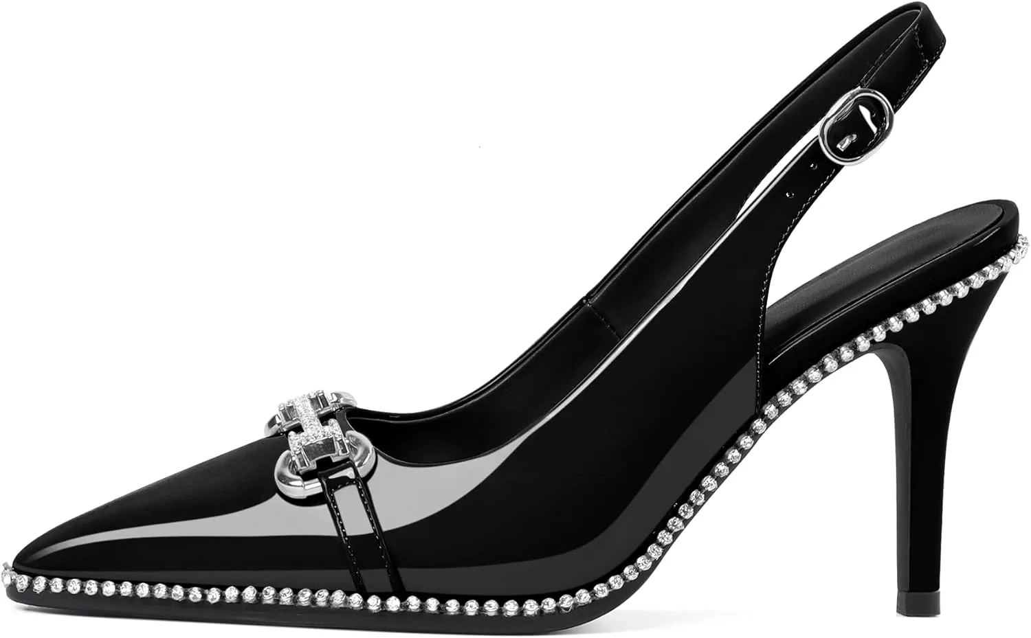 Slingback Heels for Women Stilettos High Heel Crystal-Encrusted Buckled Heels Pointd Toe Pumps 3.5 Inch Comfortable Event Party Dress Shoes