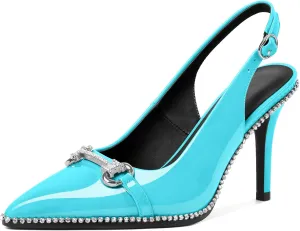 Slingback Heels for Women Stilettos High Heel Crystal-Encrusted Buckled Heels Pointd Toe Pumps 3.5 Inch Comfortable Event Party Dress Shoes