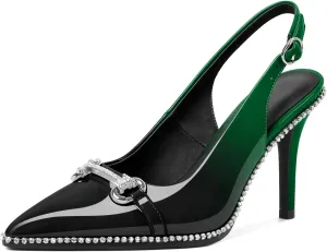 Slingback Heels for Women Stilettos High Heel Crystal-Encrusted Buckled Heels Pointd Toe Pumps 3.5 Inch Comfortable Event Party Dress Shoes