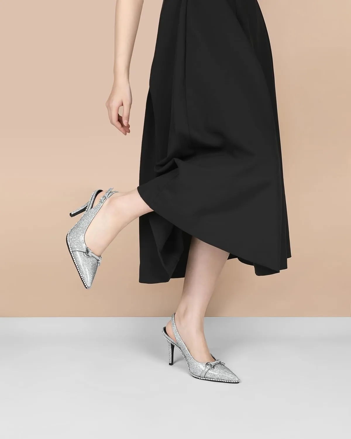 Slingback Heels for Women Stilettos High Heel Crystal-Encrusted Buckled Heels Pointd Toe Pumps 3.5 Inch Comfortable Event Party Dress Shoes