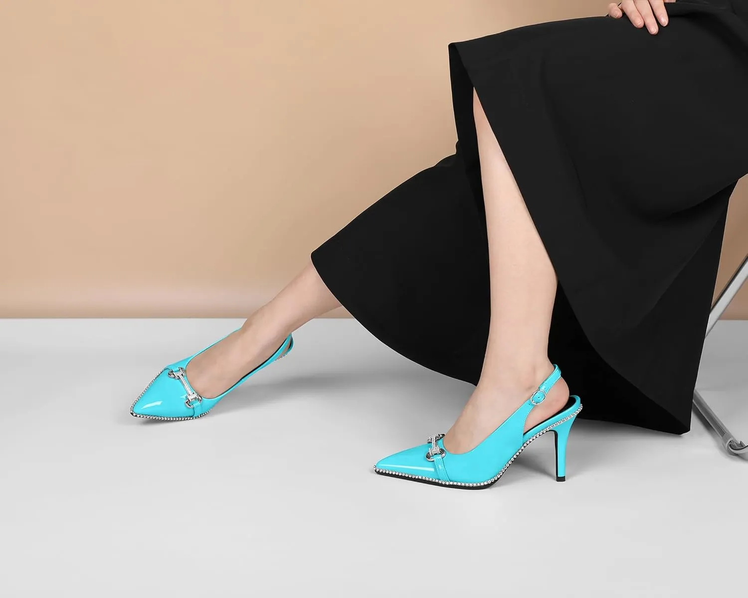 Slingback Heels for Women Stilettos High Heel Crystal-Encrusted Buckled Heels Pointd Toe Pumps 3.5 Inch Comfortable Event Party Dress Shoes