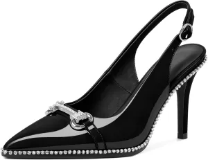 Slingback Heels for Women Stilettos High Heel Crystal-Encrusted Buckled Heels Pointd Toe Pumps 3.5 Inch Comfortable Event Party Dress Shoes