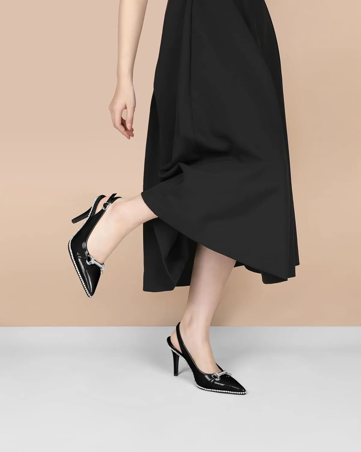 Slingback Heels for Women Stilettos High Heel Crystal-Encrusted Buckled Heels Pointd Toe Pumps 3.5 Inch Comfortable Event Party Dress Shoes