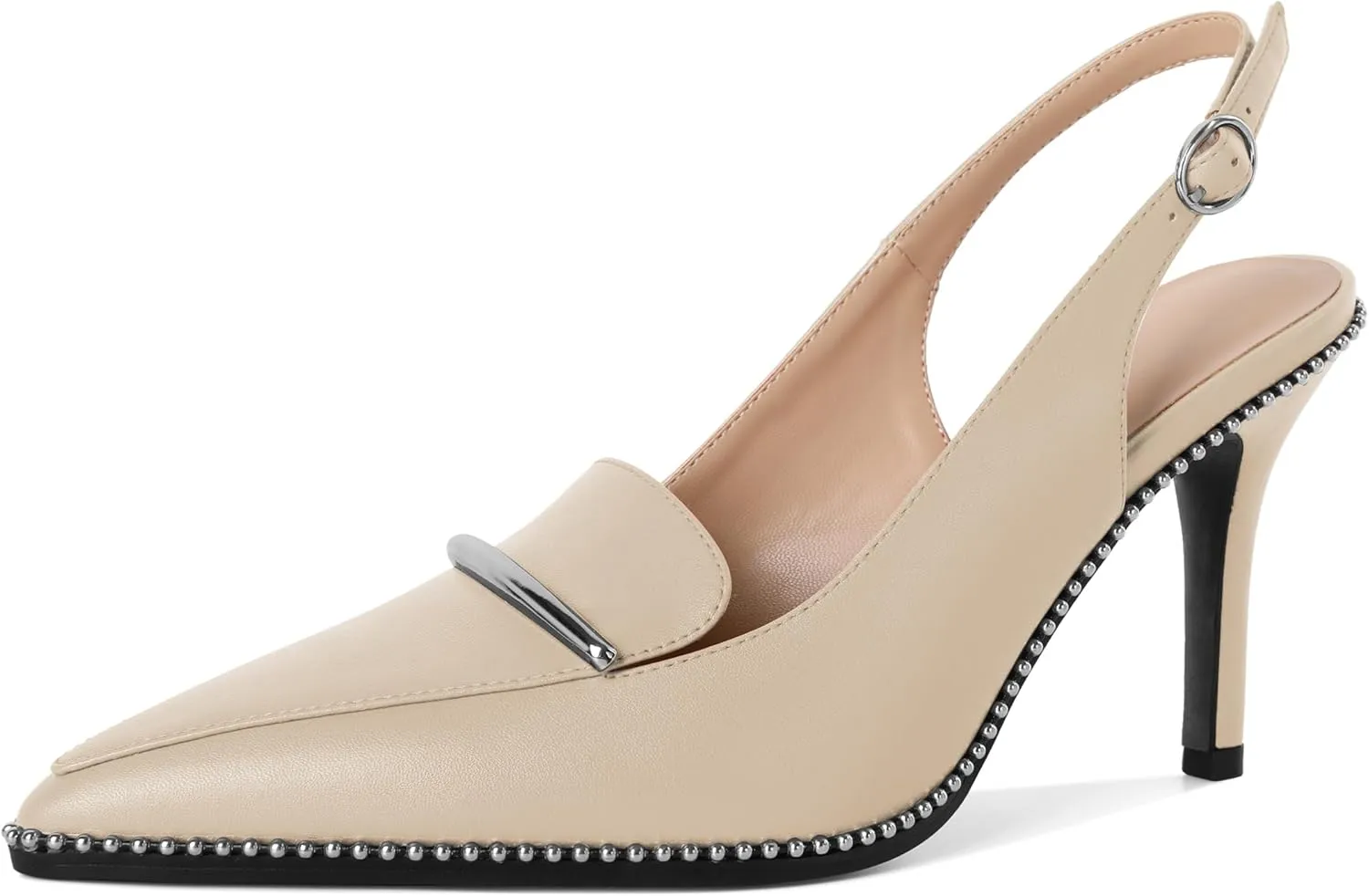 Slingback Heels Women Stilettos High Heel Beaded Pumps Closed Pointd Toe Shoes Slip On Event Party 3.5 Inch Heeled Loafers