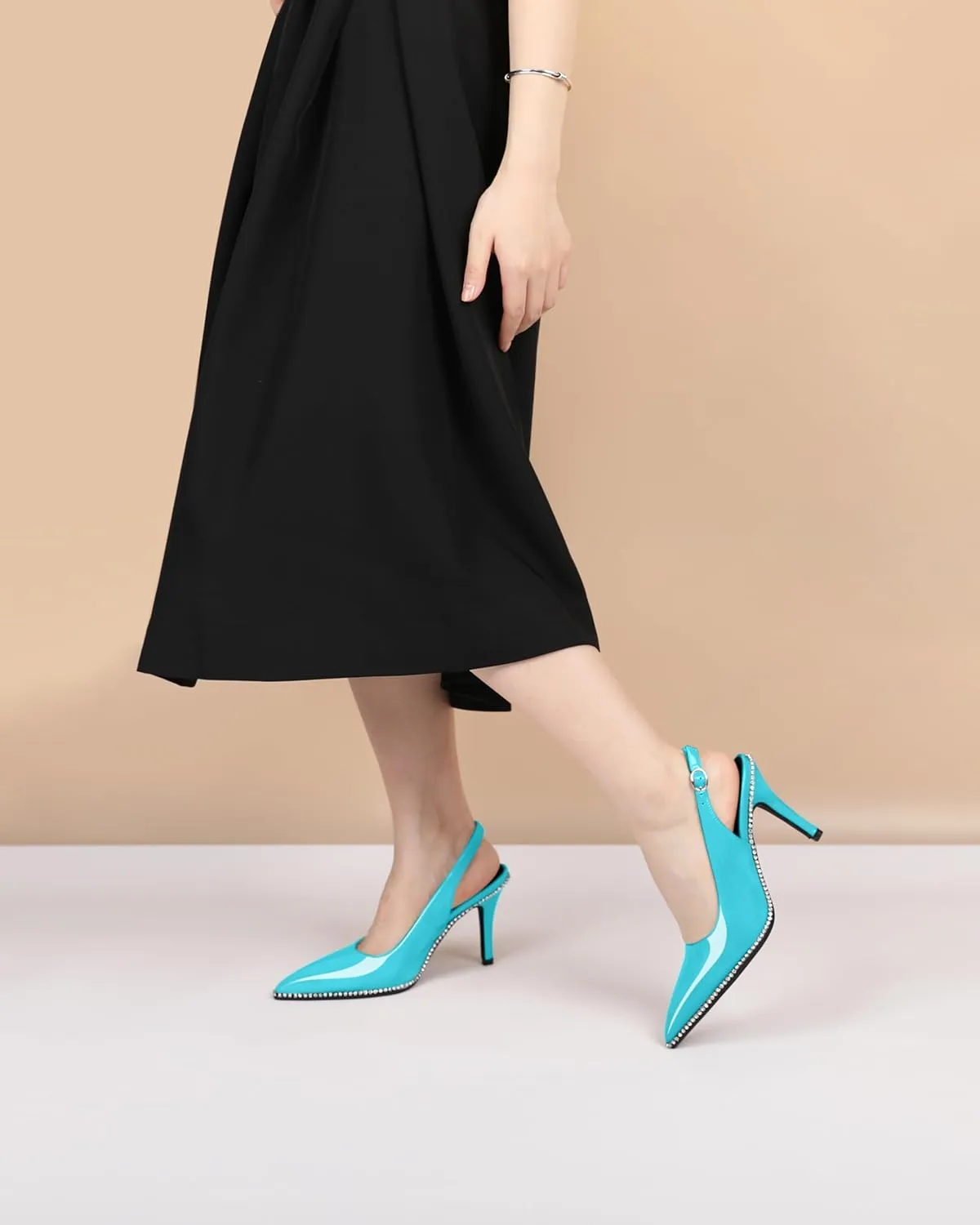 Slingback Heels Women Stilettos High Heel Rhinestones Beaded Pumps Closed Pointd Toe Shoes Slip On Event Party 3.5 Inch Dressy Sandals