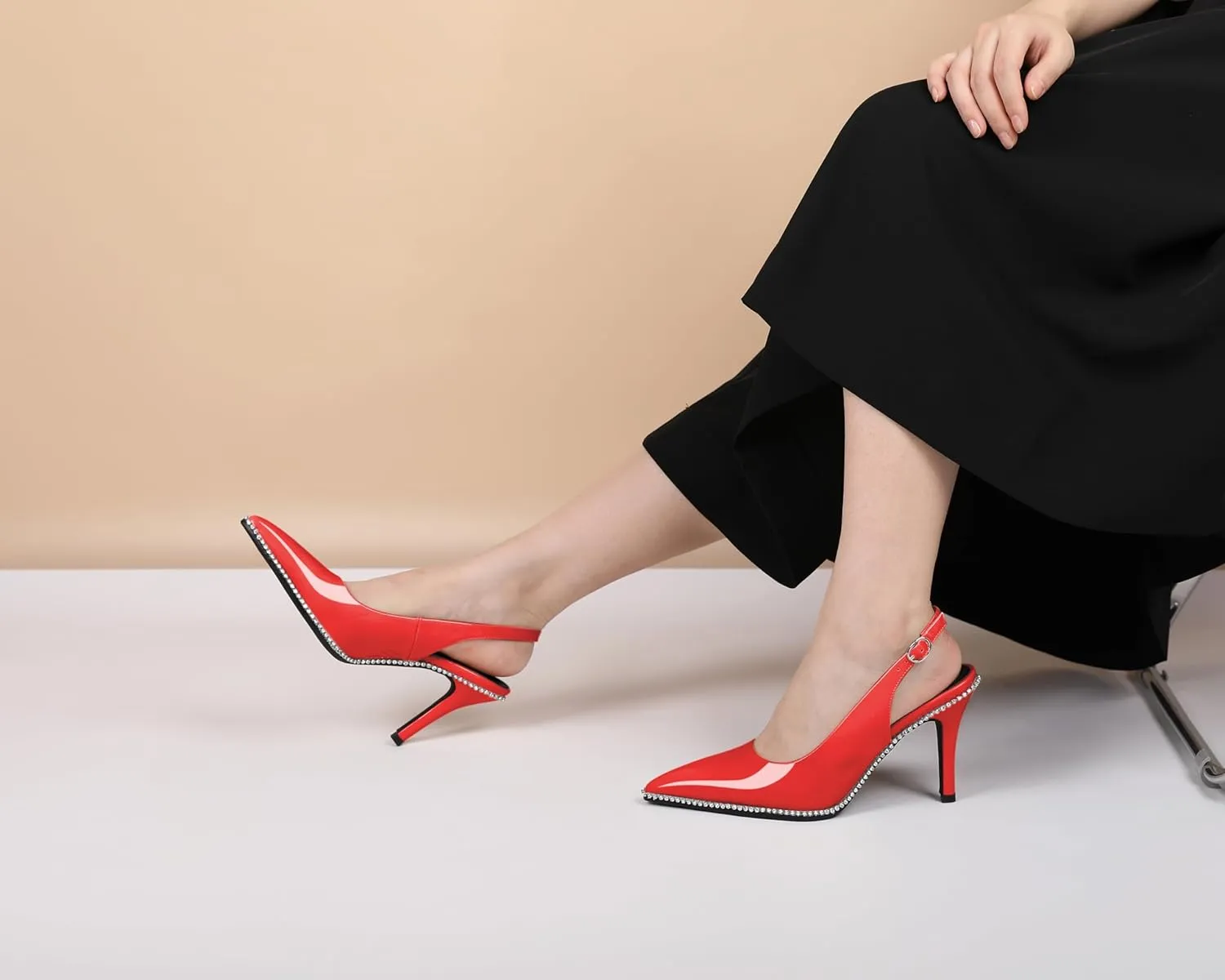 Slingback Heels Women Stilettos High Heel Rhinestones Beaded Pumps Closed Pointd Toe Shoes Slip On Event Party 3.5 Inch Dressy Sandals