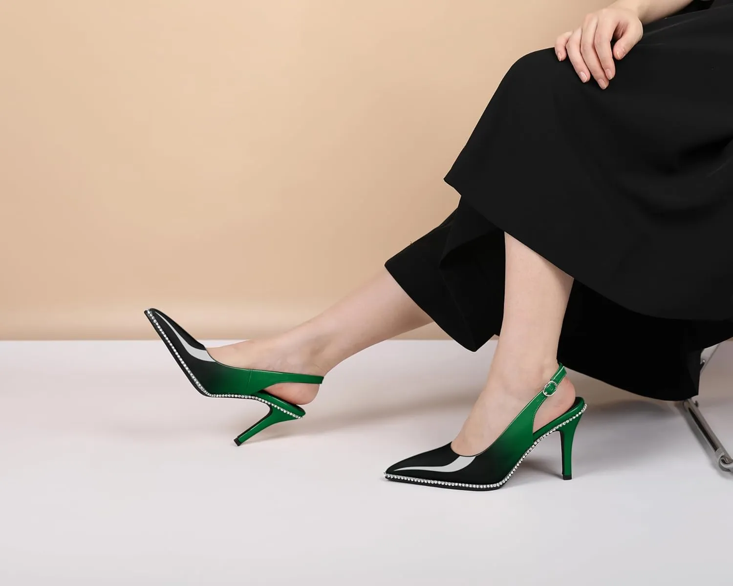 Slingback Heels Women Stilettos High Heel Rhinestones Beaded Pumps Closed Pointd Toe Shoes Slip On Event Party 3.5 Inch Dressy Sandals