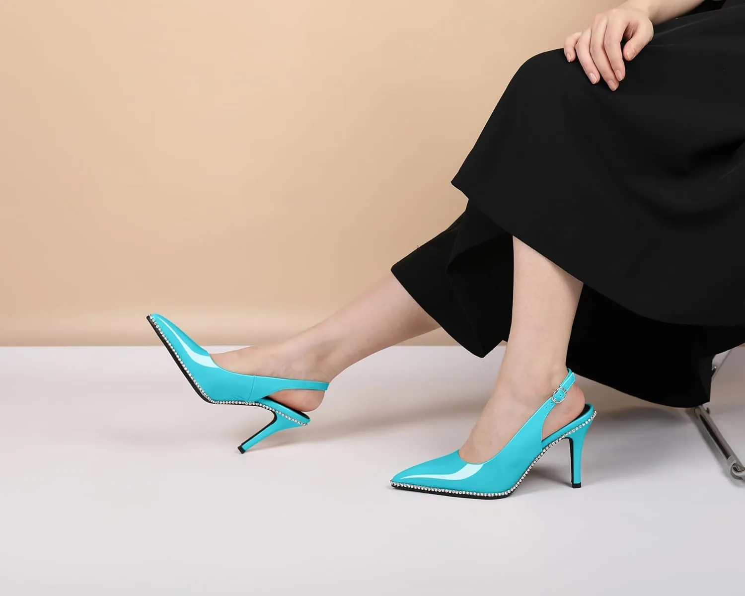 Slingback Heels Women Stilettos High Heel Rhinestones Beaded Pumps Closed Pointd Toe Shoes Slip On Event Party 3.5 Inch Dressy Sandals