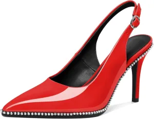 Slingback Heels Women Stilettos High Heel Rhinestones Beaded Pumps Closed Pointd Toe Shoes Slip On Event Party 3.5 Inch Dressy Sandals