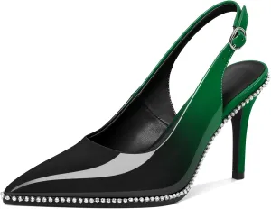 Slingback Heels Women Stilettos High Heel Rhinestones Beaded Pumps Closed Pointd Toe Shoes Slip On Event Party 3.5 Inch Dressy Sandals