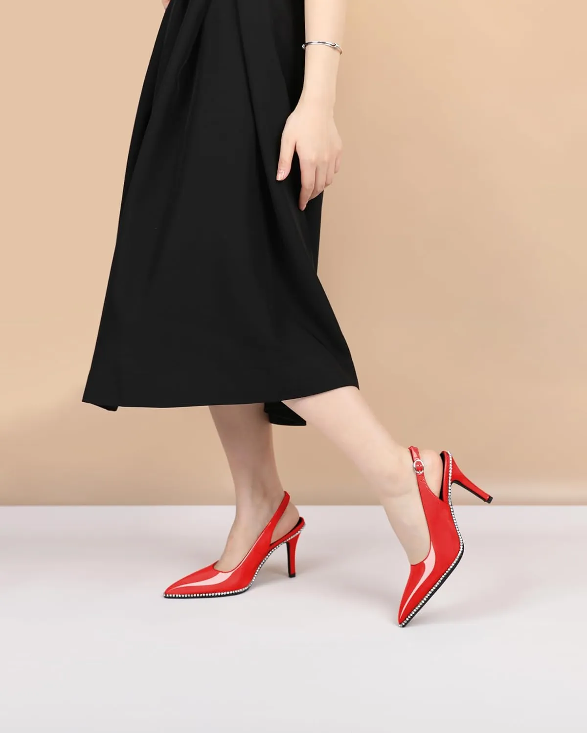 Slingback Heels Women Stilettos High Heel Rhinestones Beaded Pumps Closed Pointd Toe Shoes Slip On Event Party 3.5 Inch Dressy Sandals