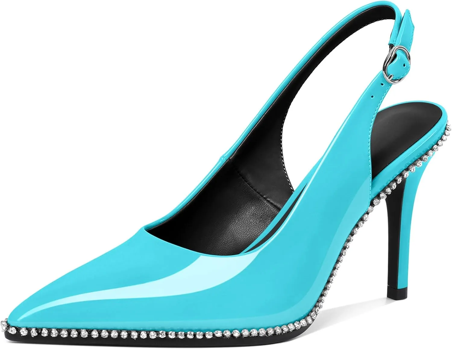Slingback Heels Women Stilettos High Heel Rhinestones Beaded Pumps Closed Pointd Toe Shoes Slip On Event Party 3.5 Inch Dressy Sandals