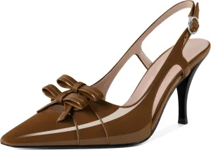 Slingback Heels Women Stilettos High Heel with Bow Square Toe Heels 3.5" Comfort Dress Pumps Shoes