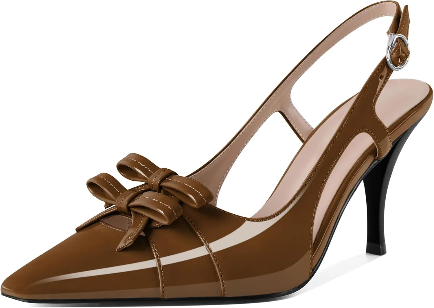 Slingback Heels Women Stilettos High Heel with Bow Square Toe Heels 3.5" Comfort Dress Pumps Shoes