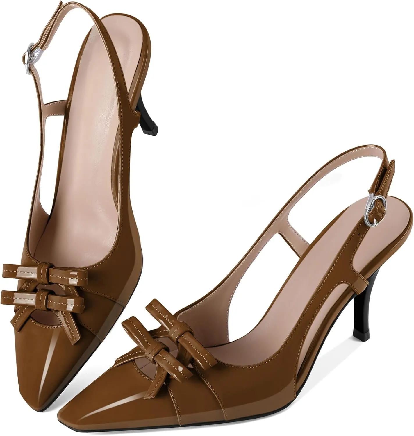 Slingback Heels Women Stilettos High Heel with Bow Square Toe Heels 3.5" Comfort Dress Pumps Shoes