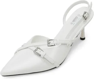 Slingback Kitten Heels for Women Pointed Toe Heels Closed Toe Low Heel Wedding Dress Pumps with Buckles Strap