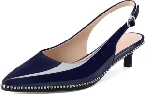 Slingback Low Heels Women Kitten Heel Rhinestones Beaded Pumps Closed Pointd Toe Shoes Slip On Event Party 1.5 Inch Dressy Sandals