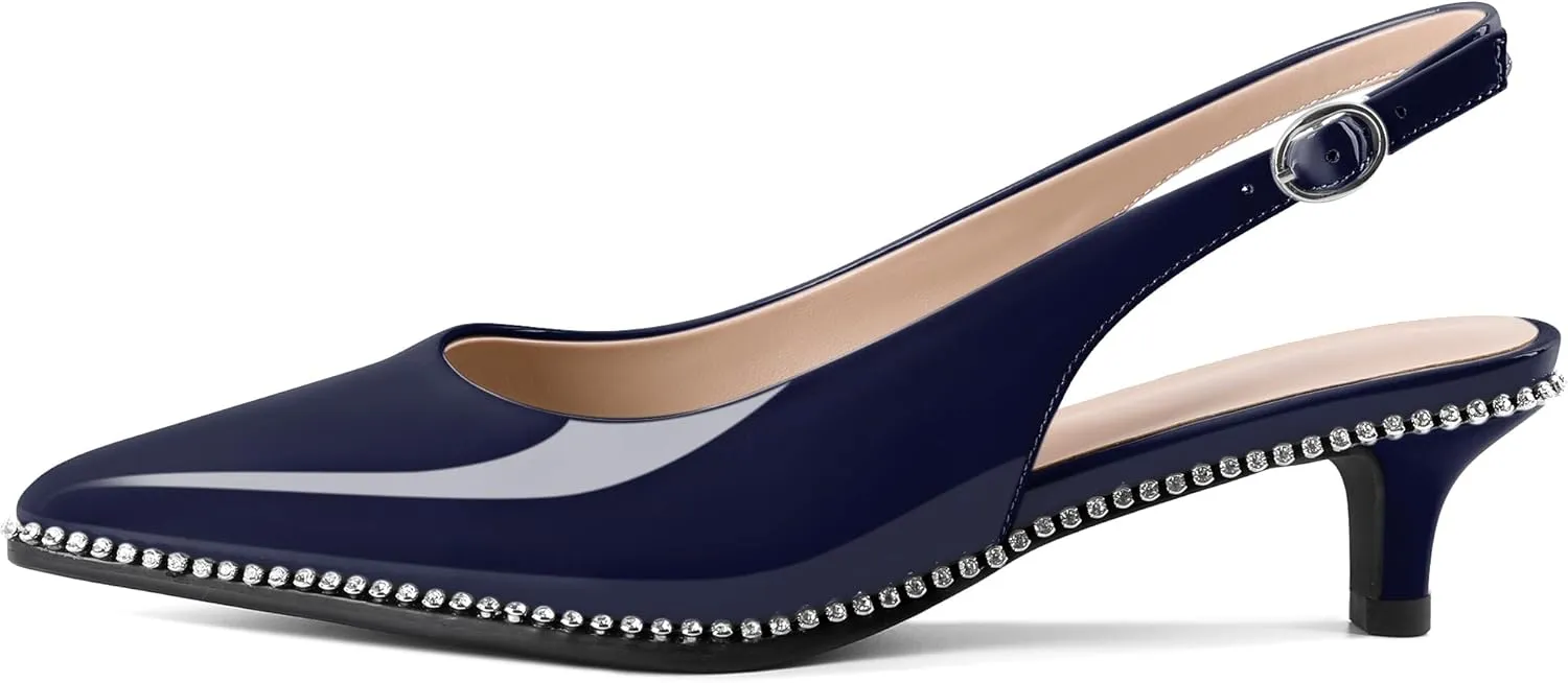 Slingback Low Heels Women Kitten Heel Rhinestones Beaded Pumps Closed Pointd Toe Shoes Slip On Event Party 1.5 Inch Dressy Sandals