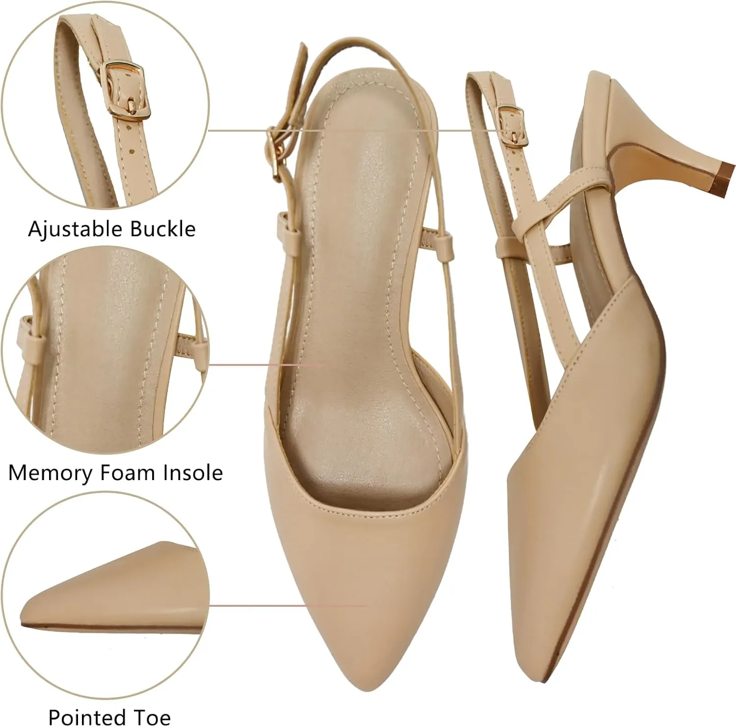 Slingback Low Kitten Heels for Women Closed Pointed Toe Ankle Strap Heels Slip On Pumps Shoes for Party Wedding Dress