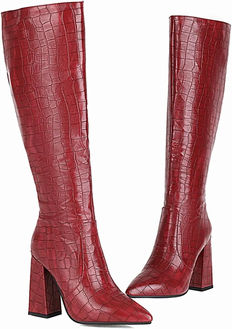 Slouch Knee High Boots for Women Fashion Faux Crocodile Boots