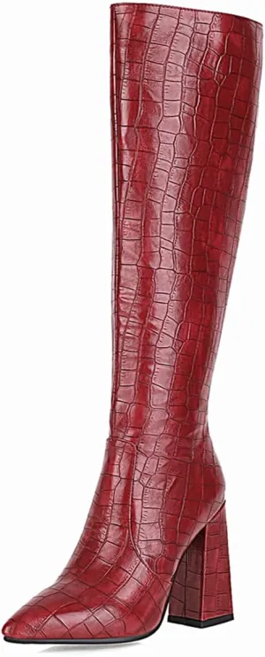 Slouch Knee High Boots for Women Fashion Faux Crocodile Boots