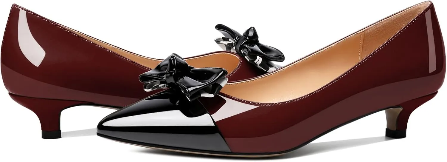 Soireelady Kitten Heels for Women Pointed Toe Low Heel Pumps Slip on Bow Heels 1.5 Inches Two Toned Evening Bride Wedding Party Dress Shoes