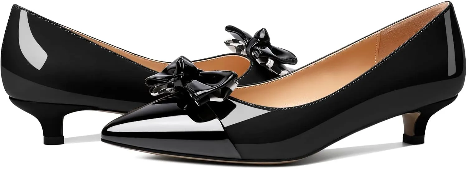 Soireelady Kitten Heels for Women Pointed Toe Low Heel Pumps Slip on Bow Heels 1.5 Inches Two Toned Evening Bride Wedding Party Dress Shoes