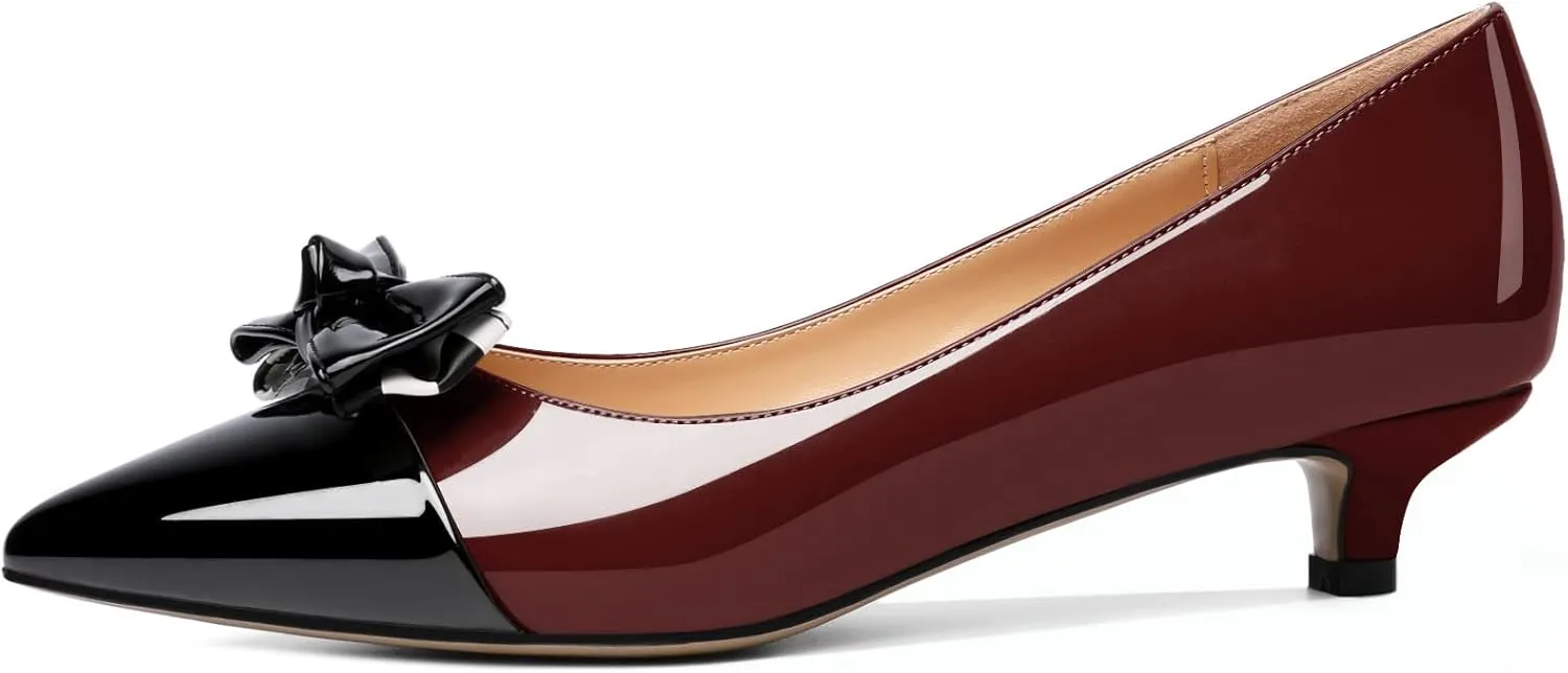 Soireelady Kitten Heels for Women Pointed Toe Low Heel Pumps Slip on Bow Heels 1.5 Inches Two Toned Evening Bride Wedding Party Dress Shoes
