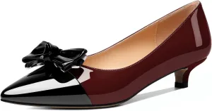 Soireelady Kitten Heels for Women Pointed Toe Low Heel Pumps Slip on Bow Heels 1.5 Inches Two Toned Evening Bride Wedding Party Dress Shoes