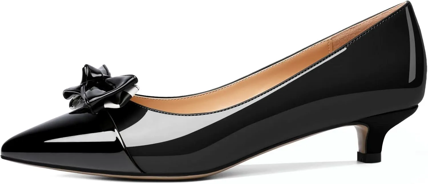 Soireelady Kitten Heels for Women Pointed Toe Low Heel Pumps Slip on Bow Heels 1.5 Inches Two Toned Evening Bride Wedding Party Dress Shoes
