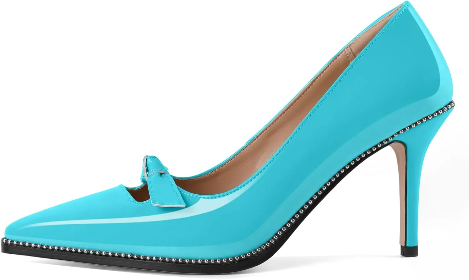 Soireelady Womens Beaded Pumps Stiletto High Heel with Bow Pointed Toe Slip On Fashion Dress Shoes Patent Leather 3.5 Inch