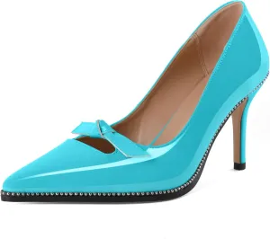 Soireelady Womens Beaded Pumps Stiletto High Heel with Bow Pointed Toe Slip On Fashion Dress Shoes Patent Leather 3.5 Inch